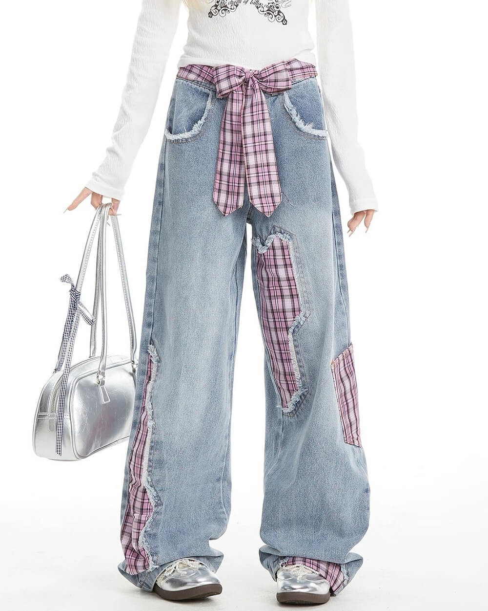 GRUNGE-STYLE PLAID DENIM WIDE-LEG PANTS WITH CONTRAST STITCHING