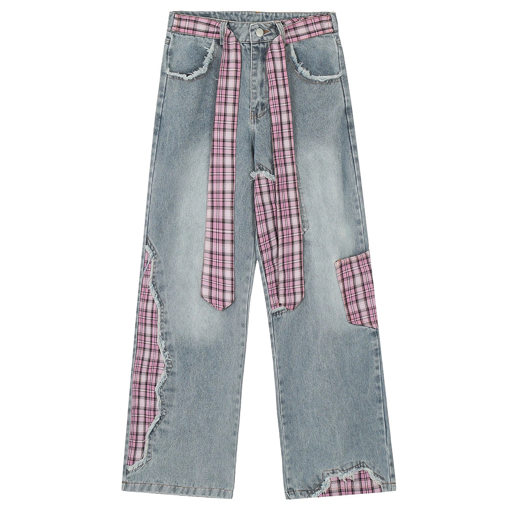 GRUNGE-STYLE PLAID DENIM WIDE-LEG PANTS WITH CONTRAST STITCHING