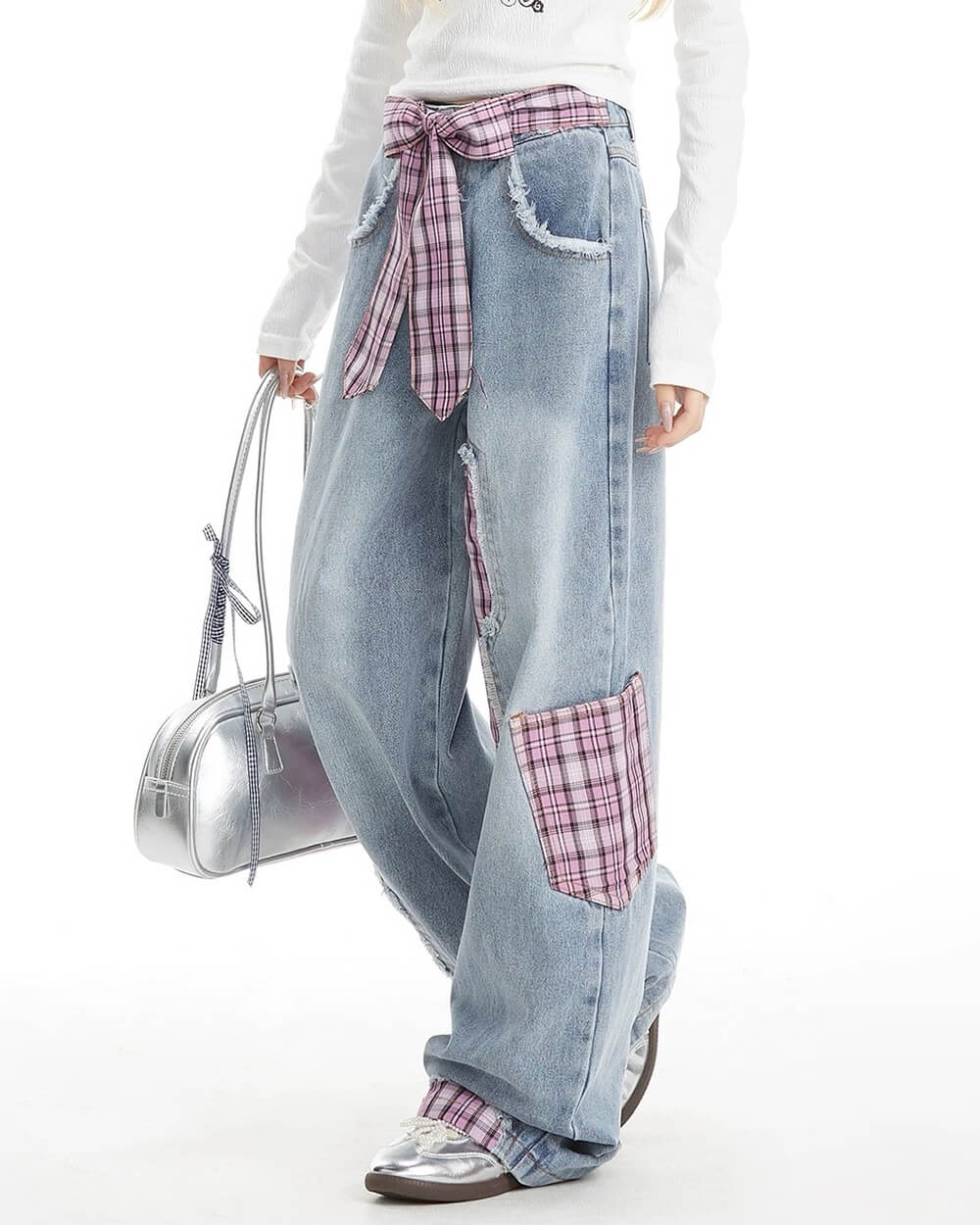 GRUNGE-STYLE PLAID DENIM WIDE-LEG PANTS WITH CONTRAST STITCHING