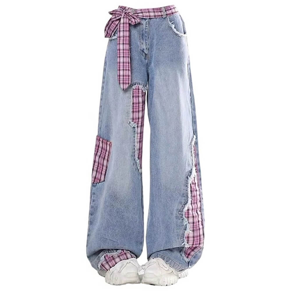 GRUNGE-STYLE PLAID DENIM WIDE-LEG PANTS WITH CONTRAST STITCHING