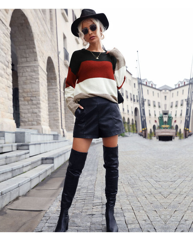 Women's Fall Loose Long Sleeve Colorblock Sweater - Closther