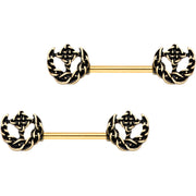 9/16 Gold PVD Braided Nautical Anchor Barbell Nipple Ring Set