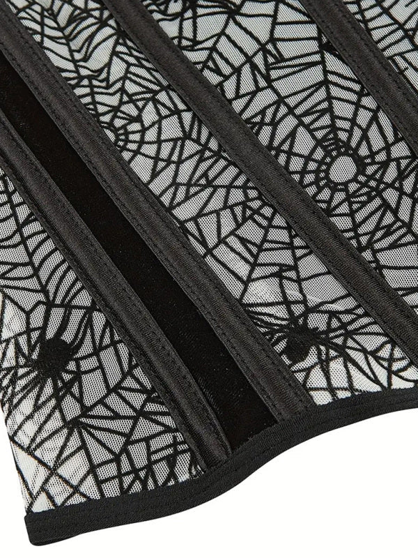 Black spiderweb corset displayed on Halloween belly band fish bone shaping waistband