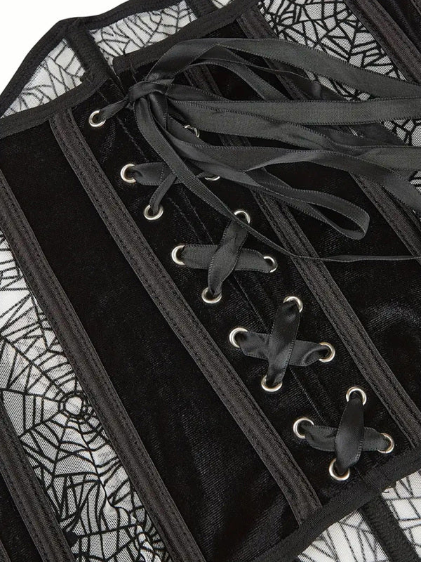 Black Corset with Spiderweb Lace and Ribbon Lacing for Shaping Waistband