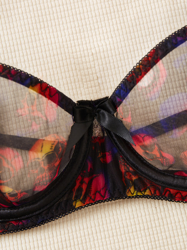 Halloween Erotic Lingerie 4 Piece Skull Printed Bat Neck Sleeve Garter Socks Set