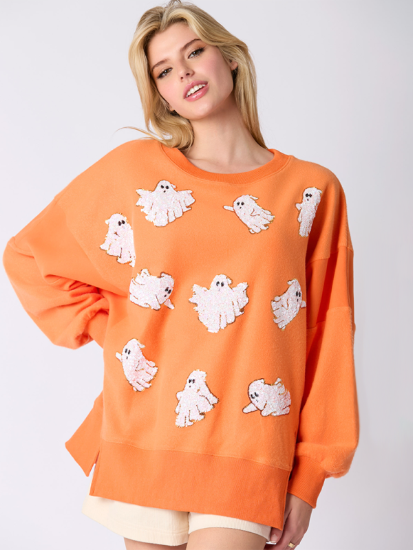 Halloween Ghost Sequin Top Loose Casual Sweatshirt - Orange / S