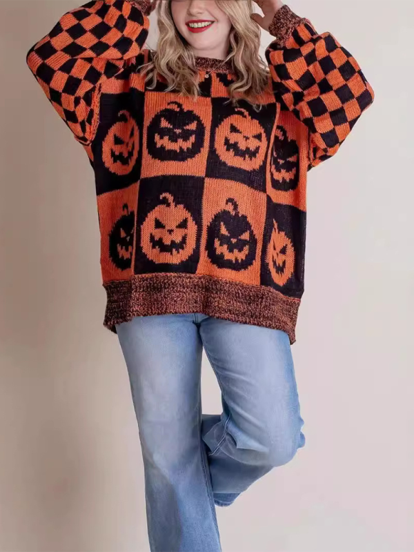 Halloween Loose Crew Neck Sweater - Orange / S