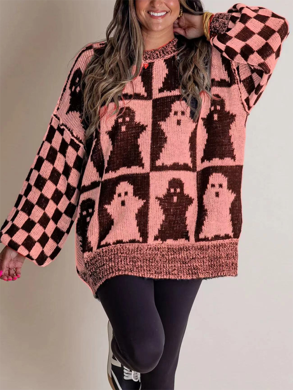 Halloween Loose Crew Neck Sweater - Pink / S