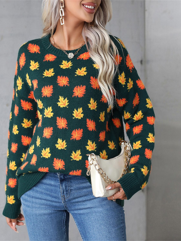 Halloween Maple Leaf Christmas Crew Neck Sweater Knit Bottom Sweater - Green black jasper / S