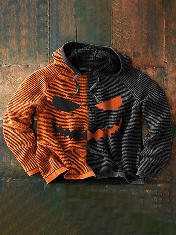 Halloween men’s new pumpkin digital print hooded sweatshirt - Orange / S