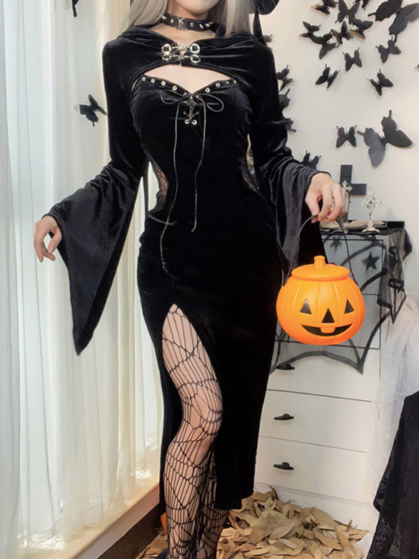 Halloween New Hooded Flare Sleeve Spider Web Dress - Black / S