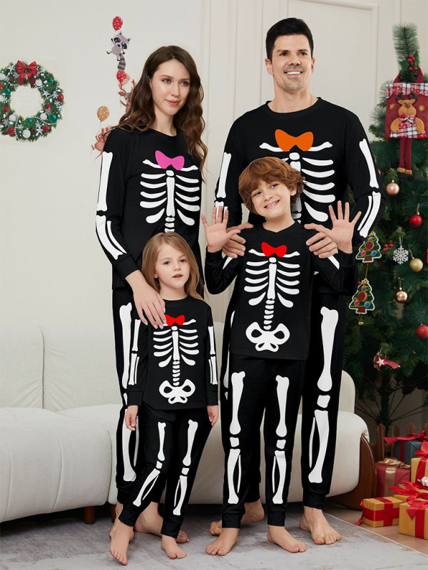 Halloween Parent-Child Home Costume Skeleton Bones Adult Child Neat Costume Pajama Set - Black / S