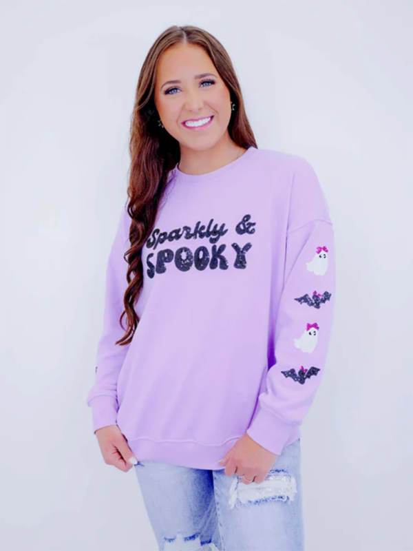 Halloween Skeleton Man Sequin Top Long Sleeve Pullover Sweatshirt - Purple / S