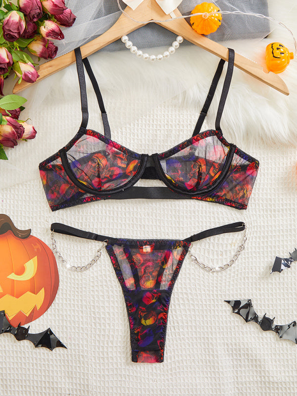 Halloween Skull Print Sexy Thong Bra Set - Black / S