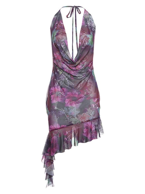 HALTER DRESS - VIBRANT PURPLE PRINT SLIM FIT DESIGN