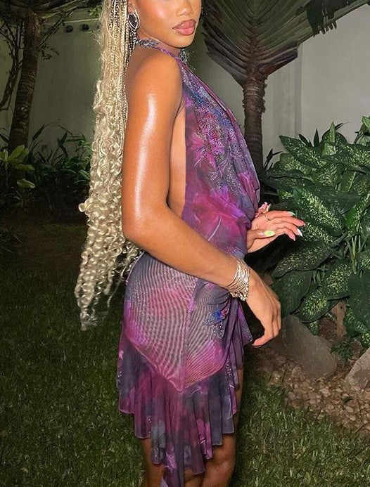 HALTER DRESS - VIBRANT PURPLE PRINT SLIM FIT DESIGN