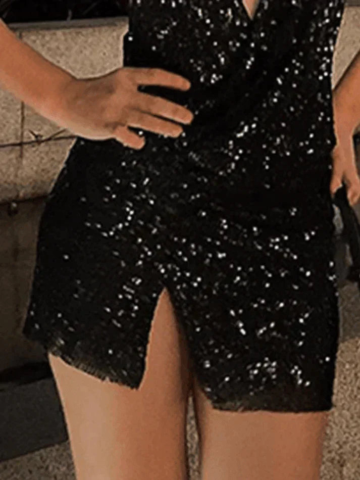 HALTER MINI DRESS WITH SEQUINS FOR BLACK VINTAGE PARTY