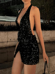 HALTER MINI DRESS WITH SEQUINS FOR BLACK VINTAGE PARTY