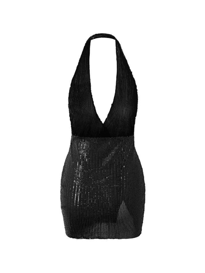 HALTER MINI DRESS WITH SEQUINS FOR BLACK VINTAGE PARTY