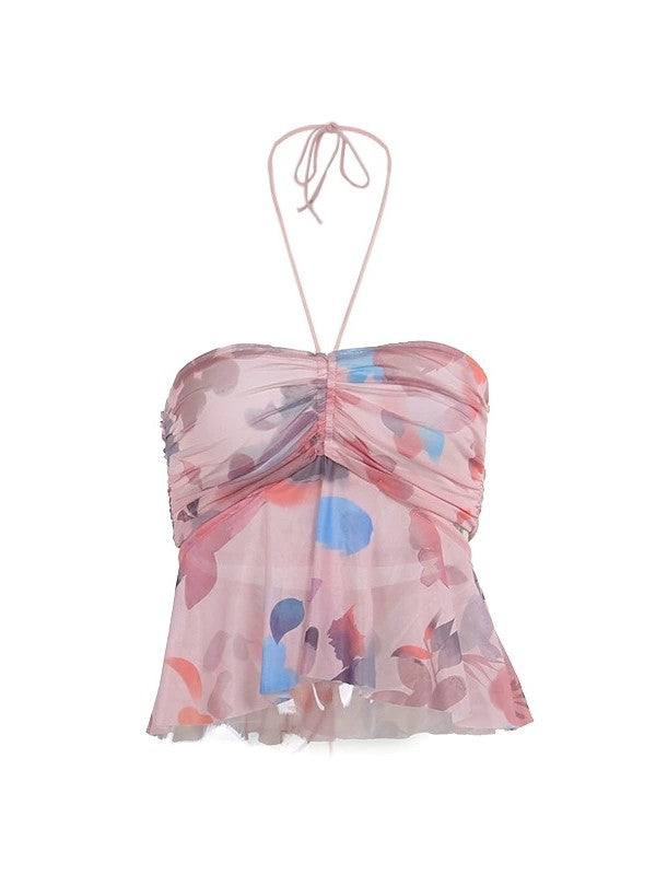 HALTER-NECK MESH TOP WITH IRREGULAR HEM AND CHIC HALTERNECK DESIGN