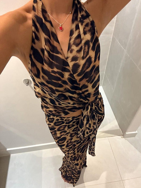 HALTER TOP AND MINI SKIRT SET WITH BOLD LEOPARD PRINT DESIGN