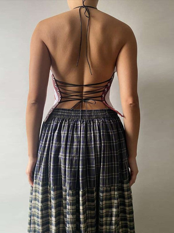 HALTER TOP AND PLAID SKIRT SET WITH VIBRANT DIGITAL PRINT