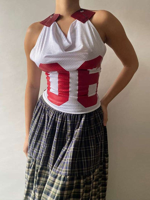 HALTER TOP AND PLAID SKIRT SET WITH VIBRANT DIGITAL PRINT
