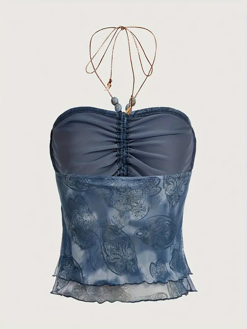 HALTER TOP BLUE PAISLEY WITH BEADED EMBELLISHED CASUAL GLAMOUR