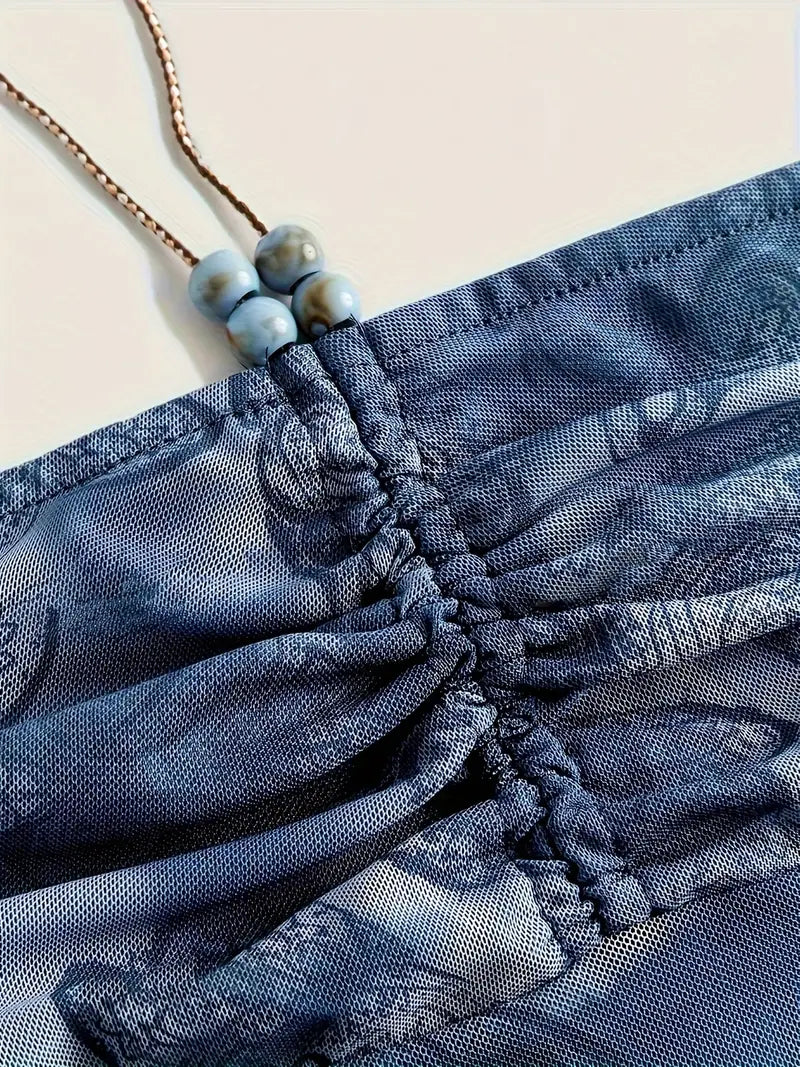 HALTER TOP BLUE PAISLEY WITH BEADED EMBELLISHED CASUAL GLAMOUR