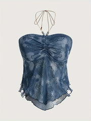 HALTER TOP BLUE PAISLEY WITH BEADED EMBELLISHED CASUAL GLAMOUR