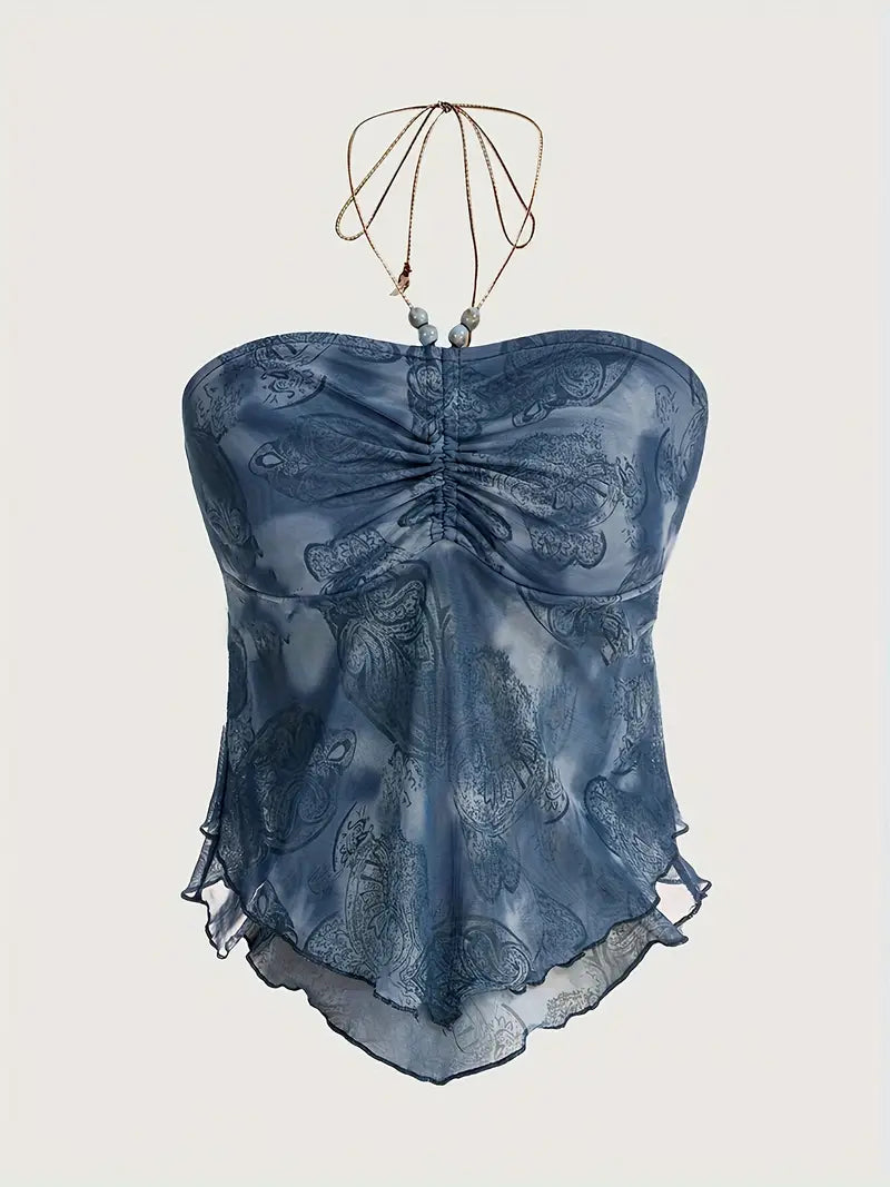 HALTER TOP BLUE PAISLEY WITH BEADED EMBELLISHED CASUAL GLAMOUR