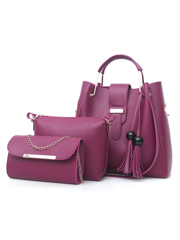 Handbag Fashion One Shoulder Bucket Ladies Luggage Bag Three-Piece Set - Wine Red / F