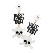 Happy Halloween Message Glittered Resin Ghost Skull Earrings