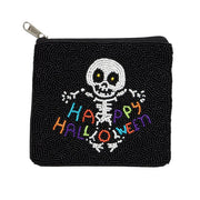 Happy Halloween Message Skull Seed Beaded Mini Pouch Bag