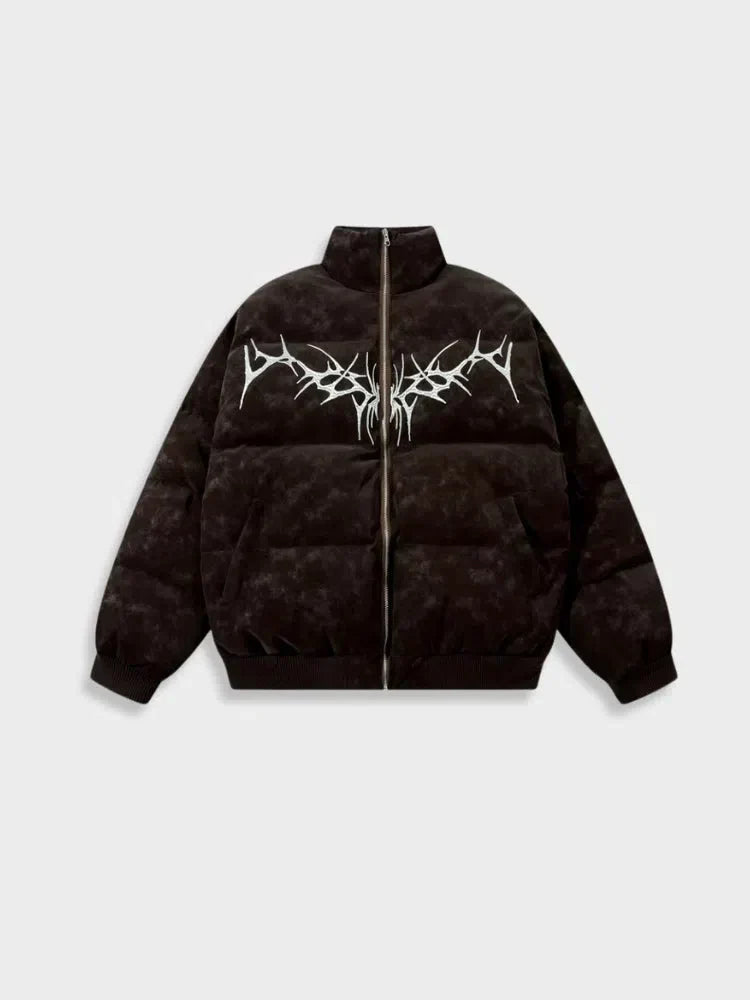 HARAJUKU PUFFER JACKET WITH TRIBAL DESIGN - BLACK PUFFER JACKET