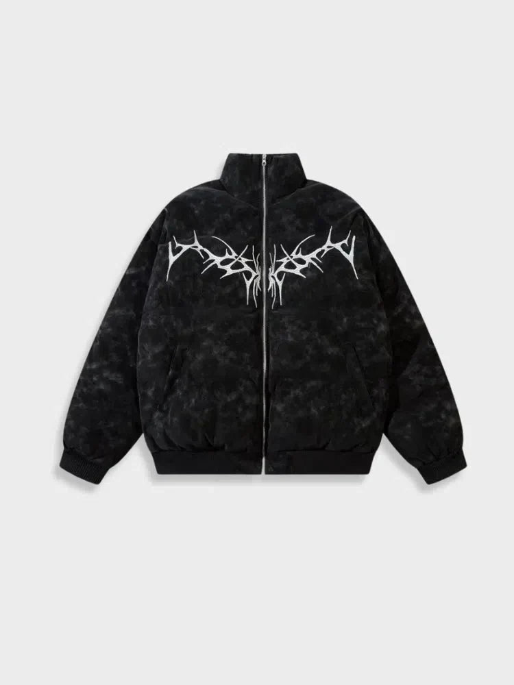 HARAJUKU PUFFER JACKET WITH TRIBAL DESIGN - BLACK PUFFER JACKET