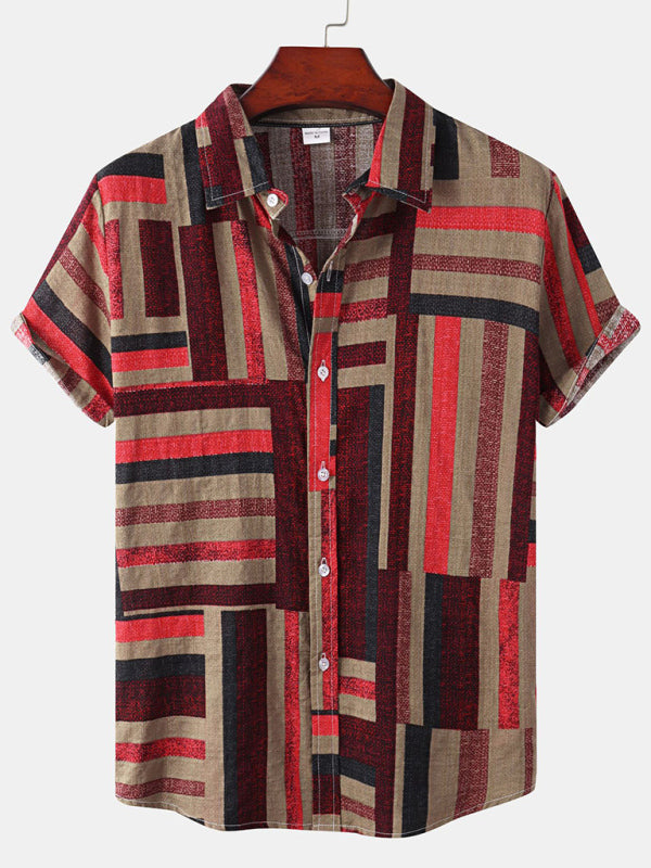 Hawaiian Style Casual Beach Vacation Printed Men’s Shirt - Dark red / M
