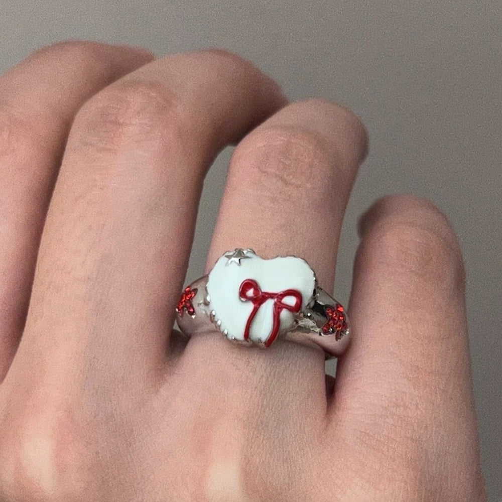 HEART AND BOW SILVER RING WITH RED BOW
