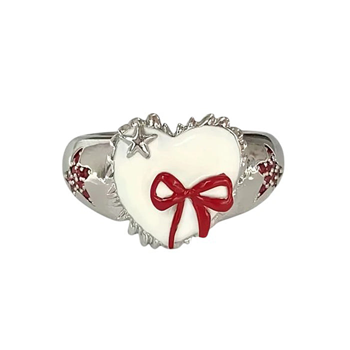 HEART AND BOW SILVER RING WITH RED BOW