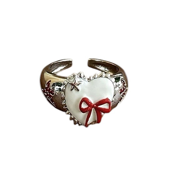 HEART AND BOW SILVER RING WITH RED BOW