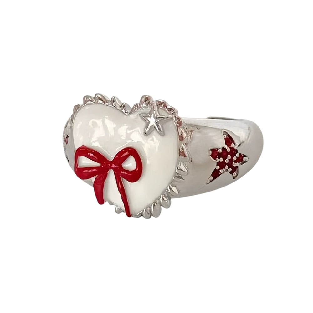 HEART AND BOW SILVER RING WITH RED BOW