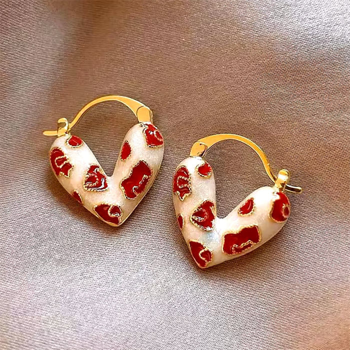 HEART EARRINGS RED ENAMEL DRIP GOLD HOOPS