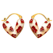 HEART EARRINGS RED ENAMEL DRIP GOLD HOOPS