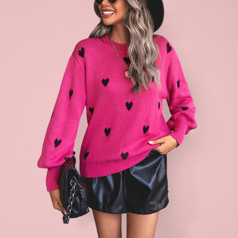 Heart Pattern Woolen Long Sleeve Sweater - Rose / S