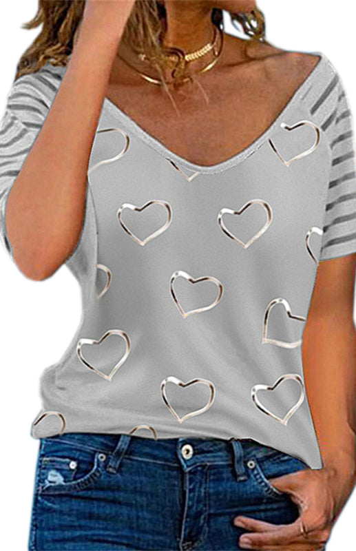 Heart Print Round Neck Short Sleeve Top - Grey / S