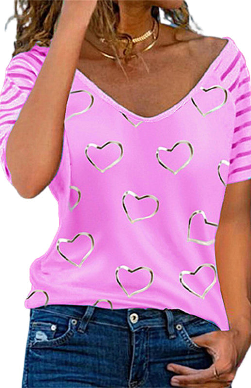 Heart Print Round Neck Short Sleeve Top - Pink / S