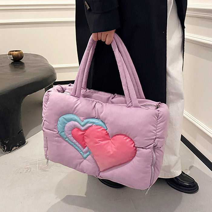 HEART PUFFER HANDBAG BLACK QUILTED TOTE
