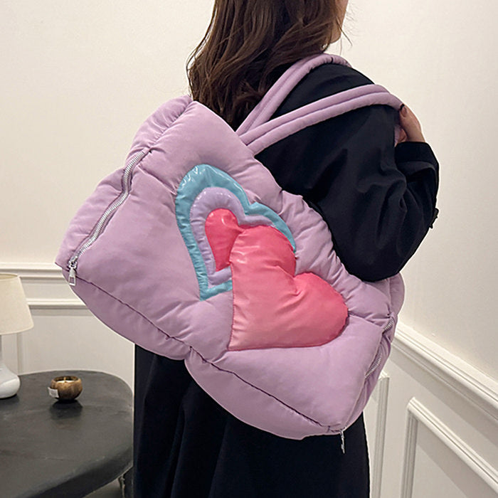 HEART PUFFER HANDBAG BLACK QUILTED TOTE