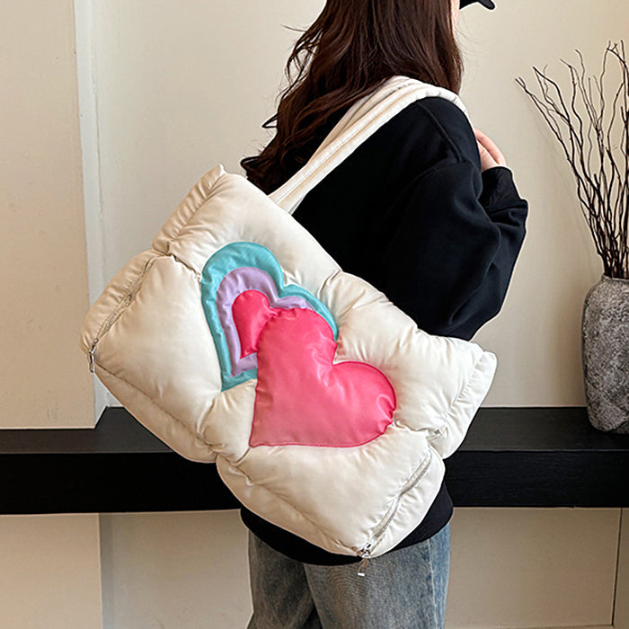 HEART PUFFER HANDBAG BLACK QUILTED TOTE