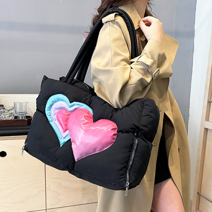 HEART PUFFER HANDBAG BLACK QUILTED TOTE